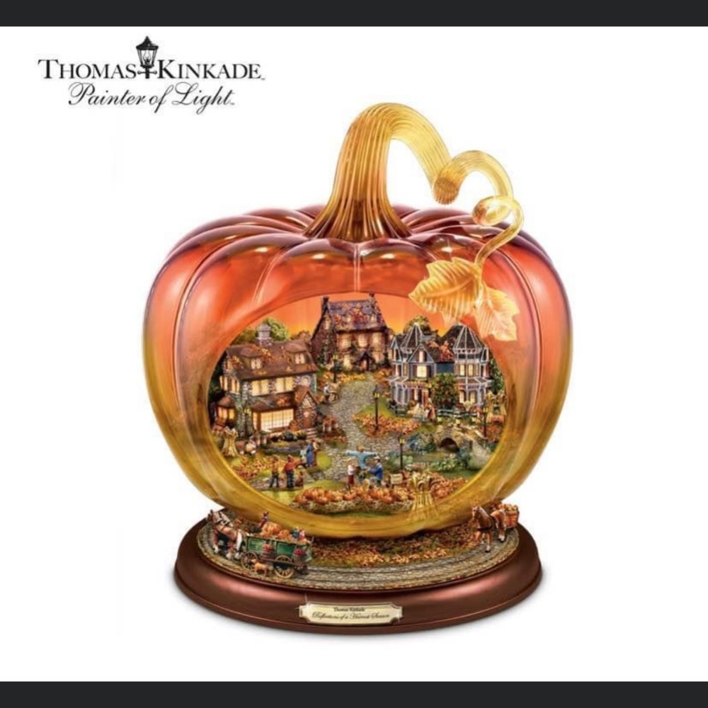 Thomas Kinkade Illuminated Glass Pumpkin "Reflections Of A Harvest Season".